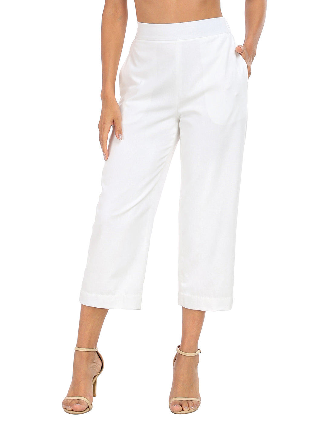 Pull On Linen Capri Pants Wide Leg in White
