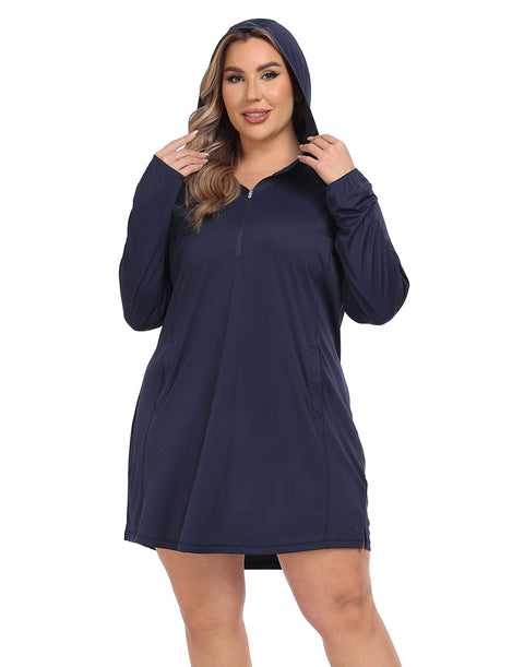 Women's Plus Size Long Sleeve Swim Coverup Dress with Hood