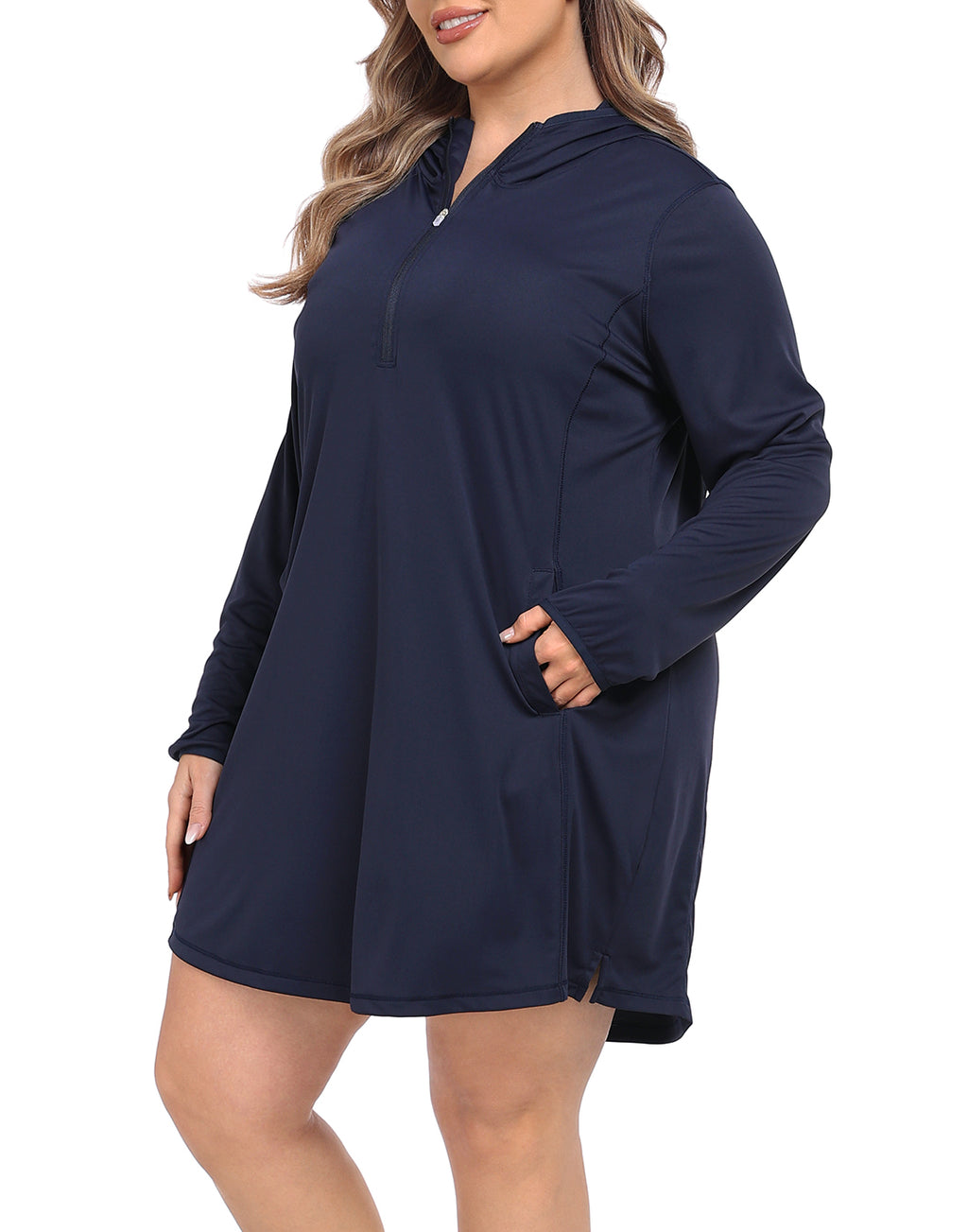 Women's Plus Size Long Sleeve Swim Coverup Dress with Hood