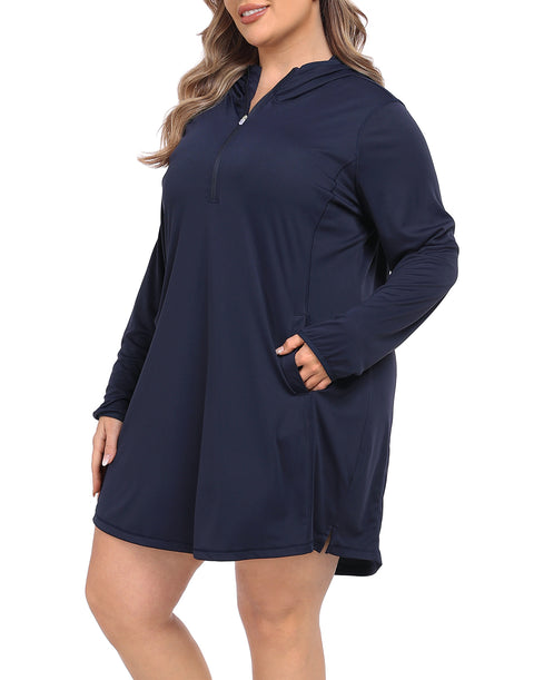 Women's Plus Size Long Sleeve Swim Coverup Dress with Hood
