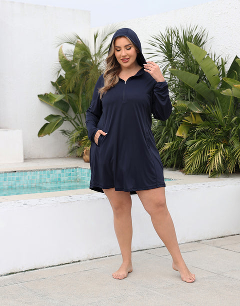 Women's Plus Size Long Sleeve Swim Coverup Dress with Hood