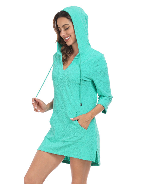 Terry Cloth Beach Cover Up Tunic Dress Swimsuit Coverup with Hood
