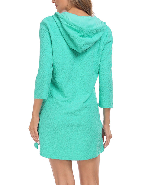 Terry Cloth Beach Cover Up Tunic Dress Swimsuit Coverup with Hood