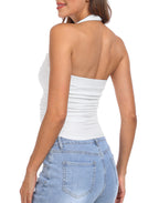 Halter Top with Built in Bra Ruched Backless Basic Summer Tops
