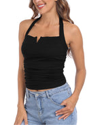 Halter Top with Built in Bra Ruched Backless Basic Summer Tops