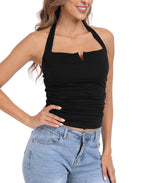 Halter Top with Built in Bra Ruched Backless Basic Summer Tops