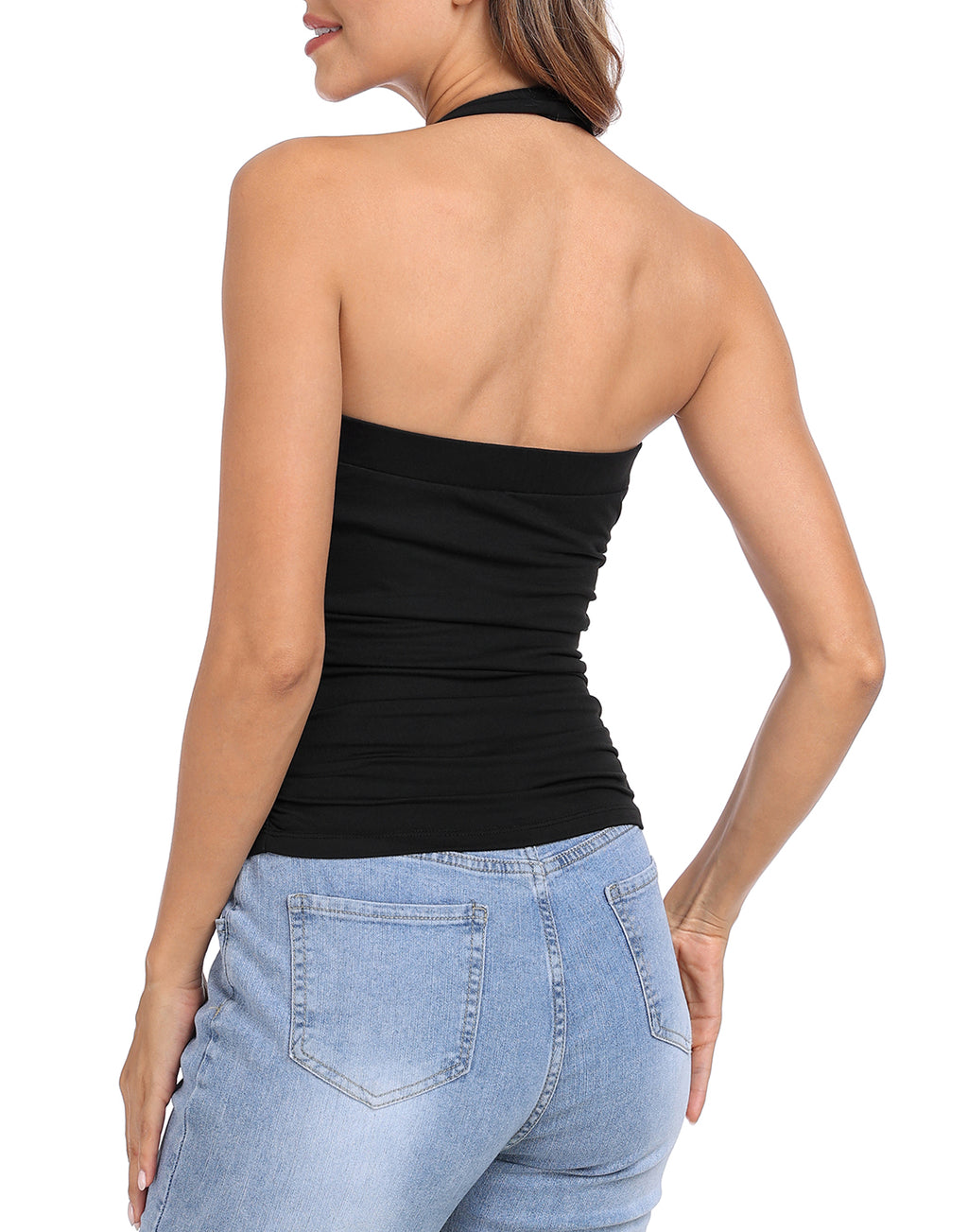 Halter Top with Built in Bra Ruched Backless Basic Summer Tops