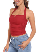 Halter Top with Built in Bra Ruched Backless Basic Summer Tops