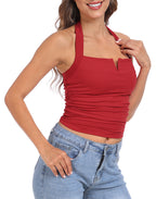 Halter Top with Built in Bra Ruched Backless Basic Summer Tops