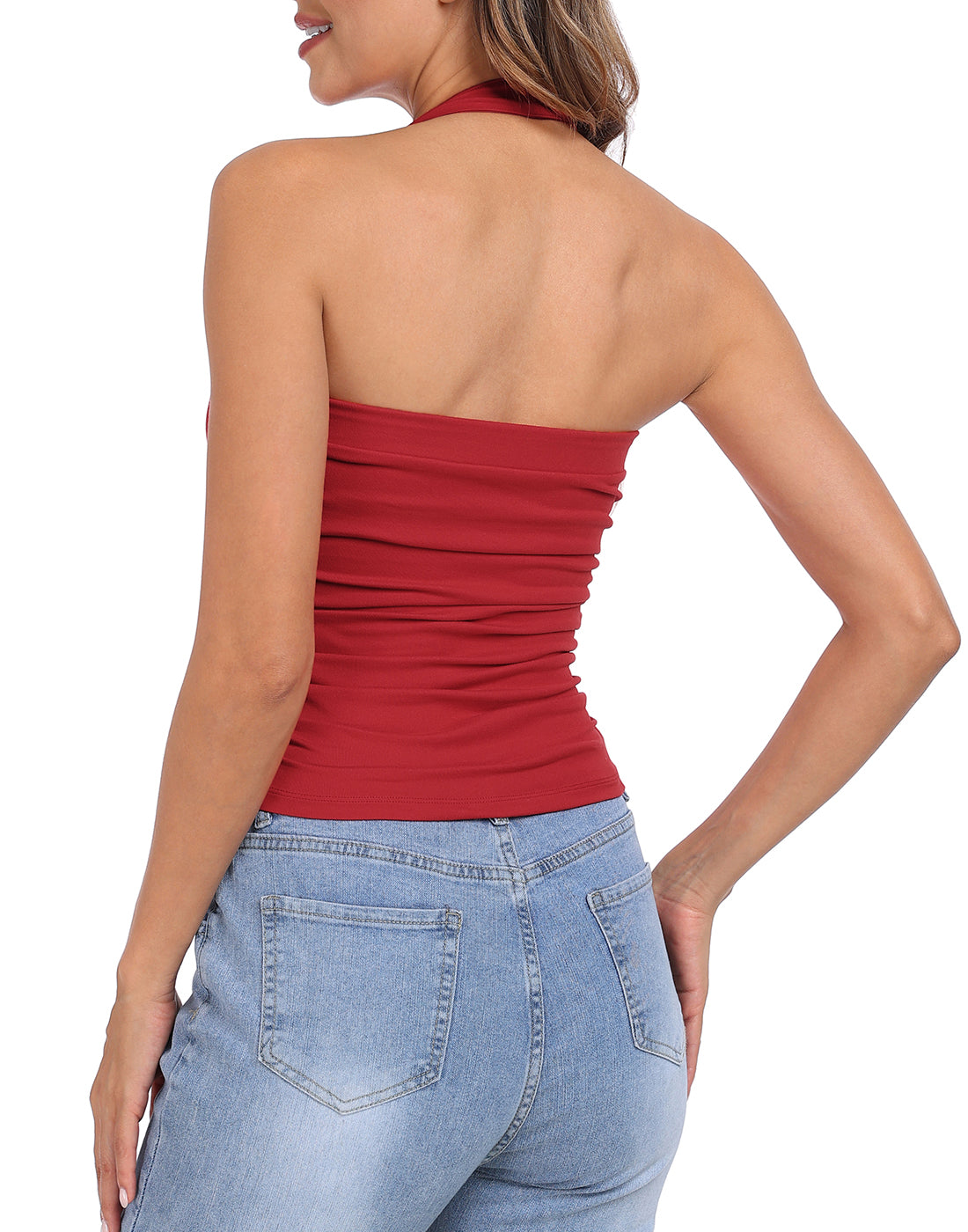 Halter Top with Built in Bra Ruched Backless Basic Summer Tops