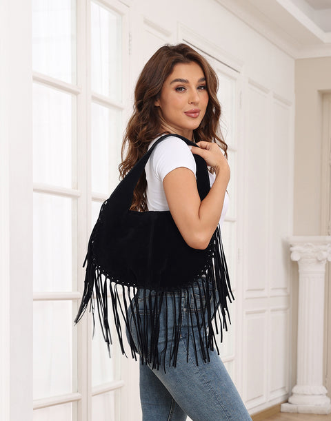 Faux Suede Leather Bag Fringe Tassel Shoulder Purse