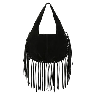 Faux Suede Fringe Tassel Shoulder Bag in Black