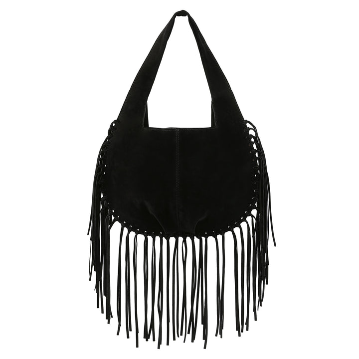 Faux Suede Fringe Tassel Shoulder Bag in Black