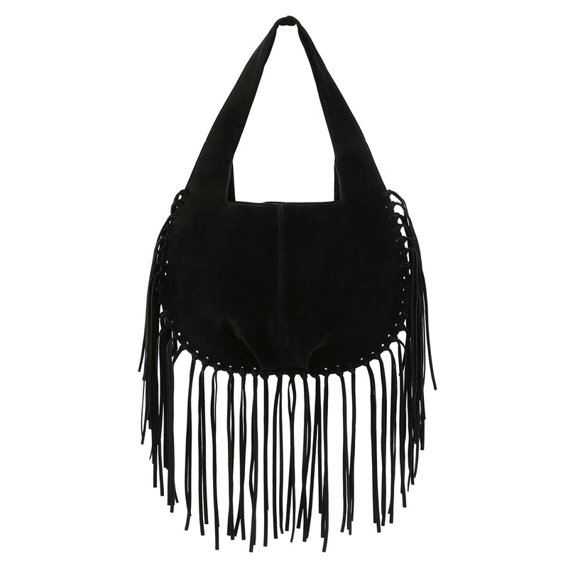 Faux Suede Fringe Tassel Shoulder Bag in Black