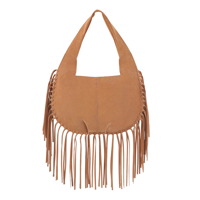 Faux Suede Fringe Tassel Shoulder Bag in Camel Brown