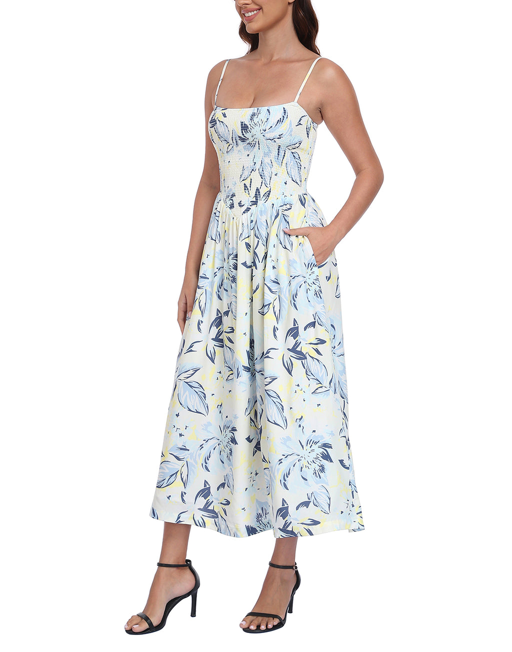 Women's Smocked Midi Summer Dresses with Pockets