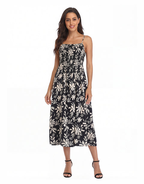 Women's Smocked Midi Summer Dresses with Pockets