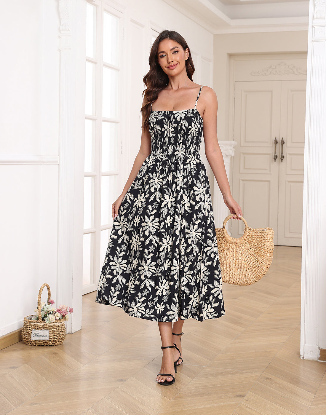 Women's Smocked Midi Summer Dresses with Pockets