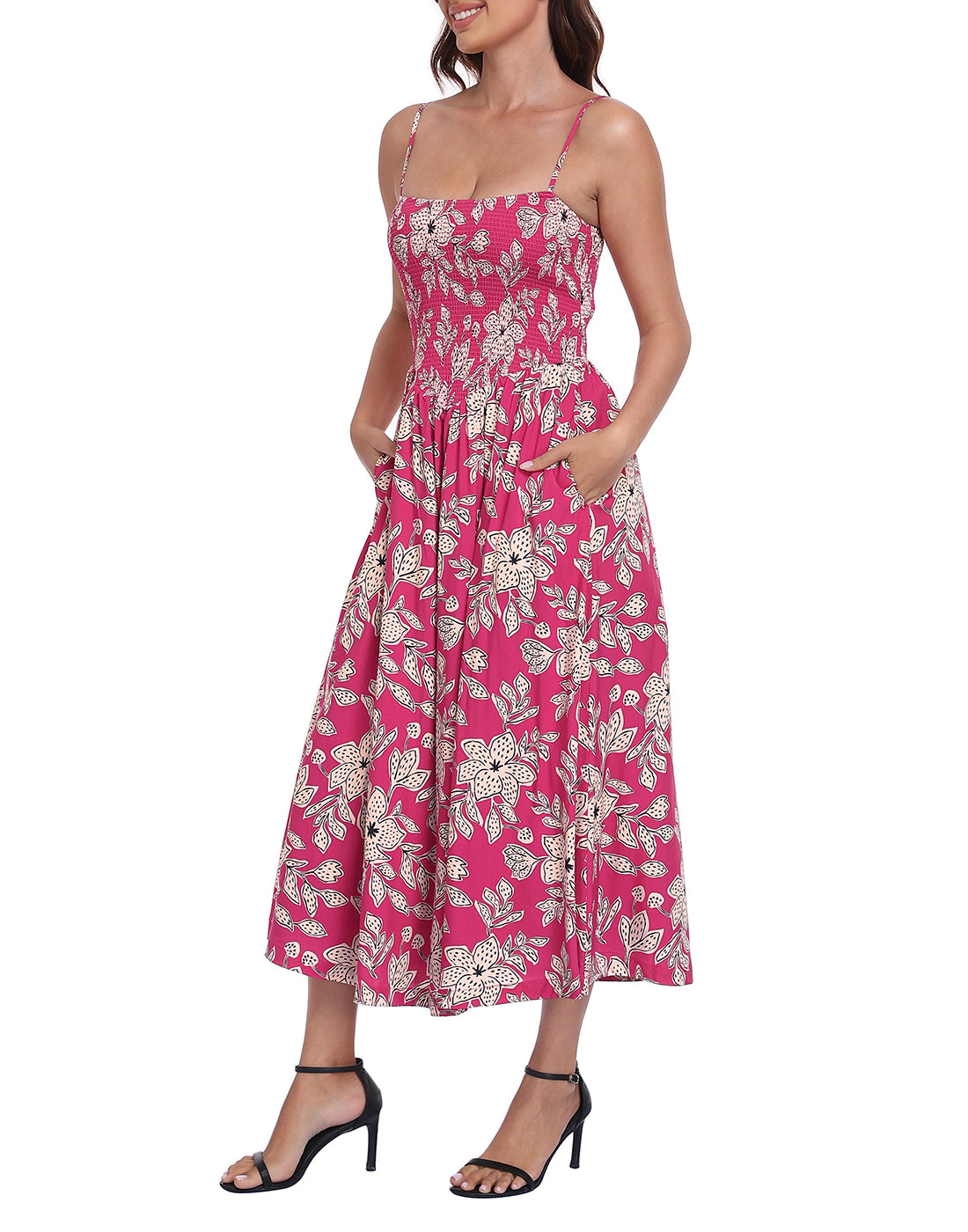 Women's Smocked Midi Summer Dresses with Pockets