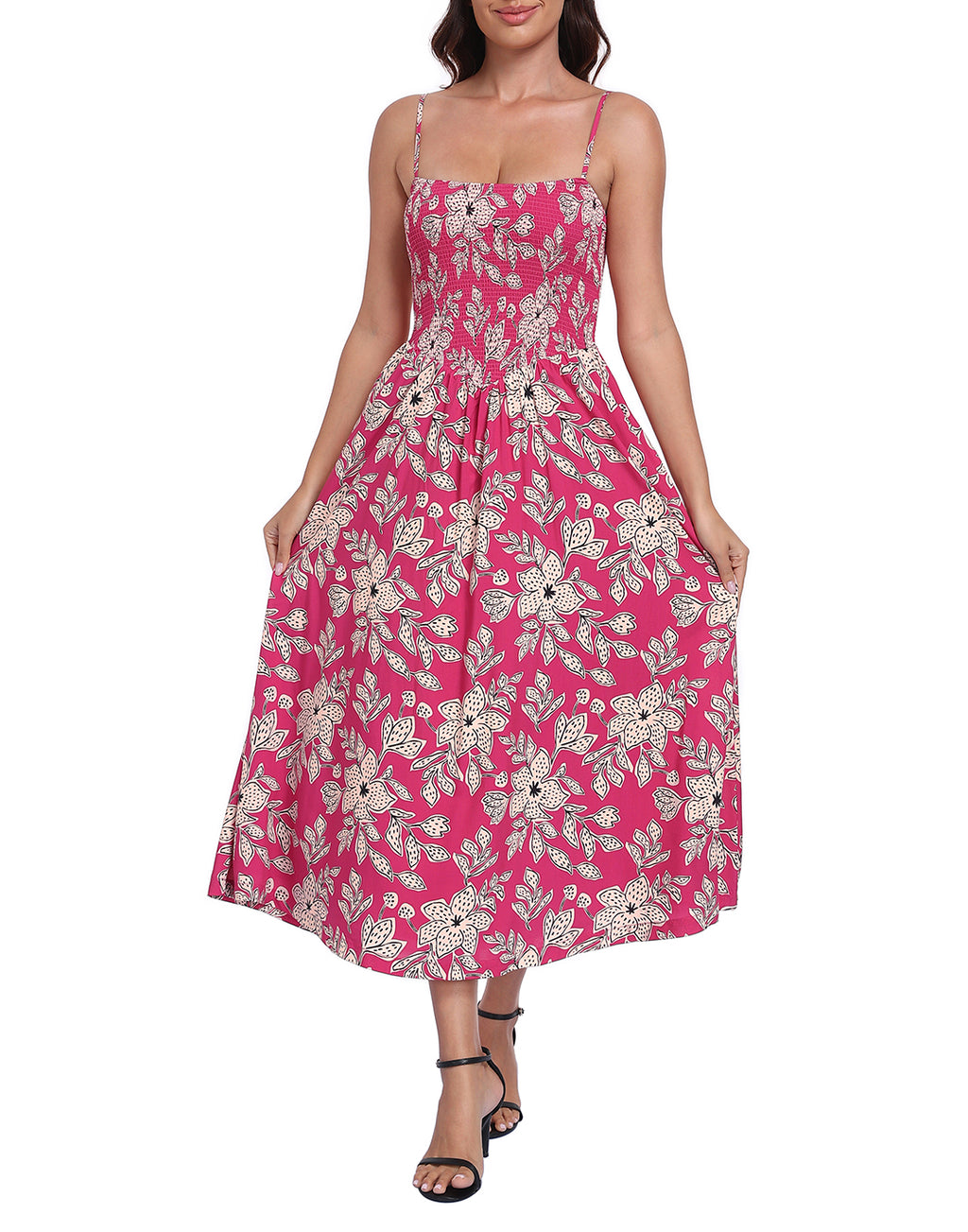 Women's Smocked Midi Summer Dresses with Pockets