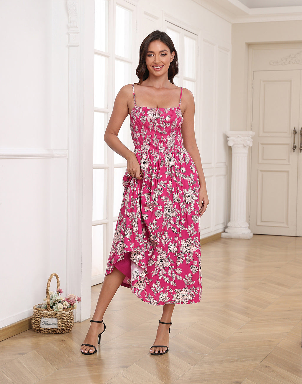 Women's Smocked Midi Summer Dresses with Pockets