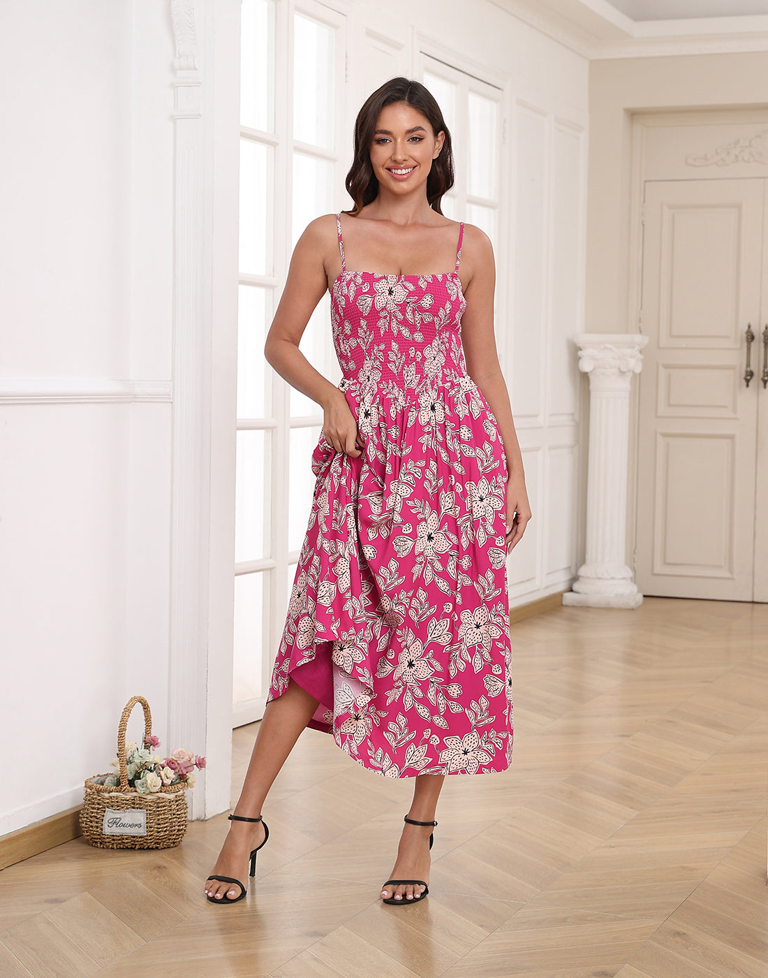 Women's Smocked Midi Summer Dresses with Pockets