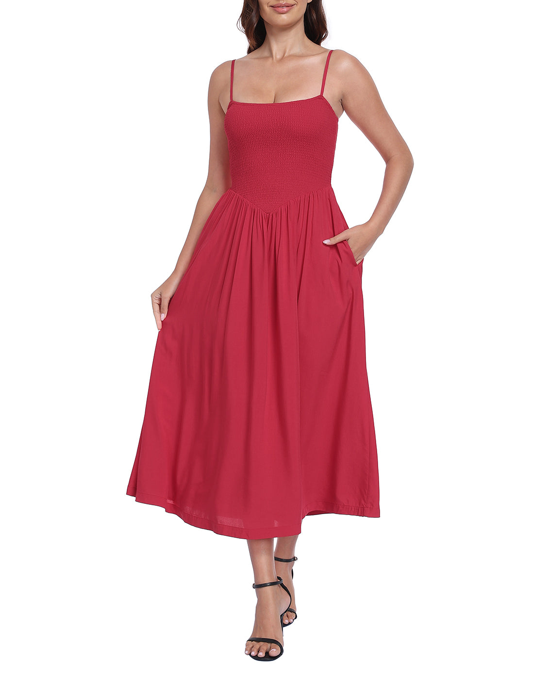 Women's Smocked Midi Summer Dresses with Pockets