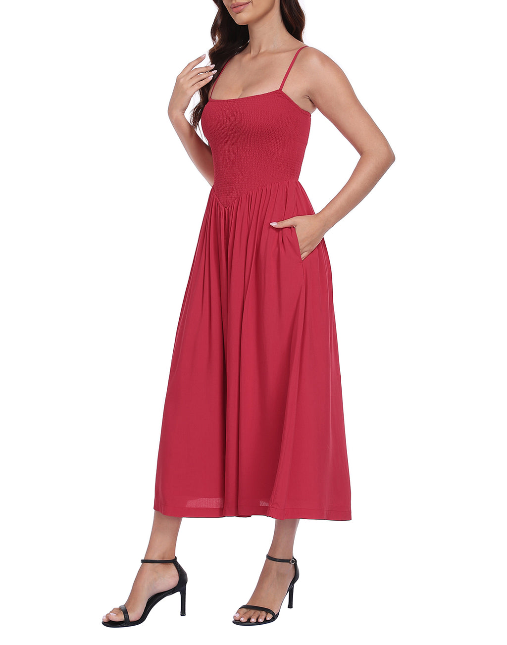 Women's Smocked Midi Summer Dresses with Pockets