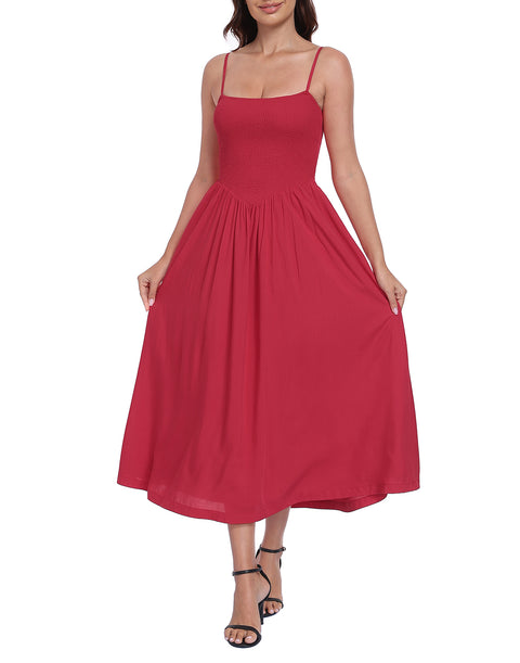 Women's Smocked Midi Summer Dresses with Pockets