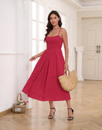 Women's Smocked Midi Summer Dresses with Pockets