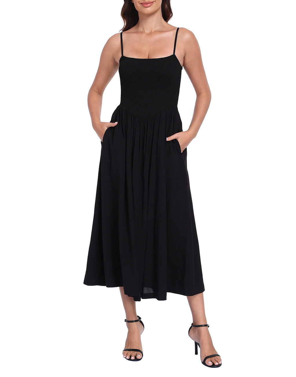 Women's Smocked Midi Summer Dresses with Pockets