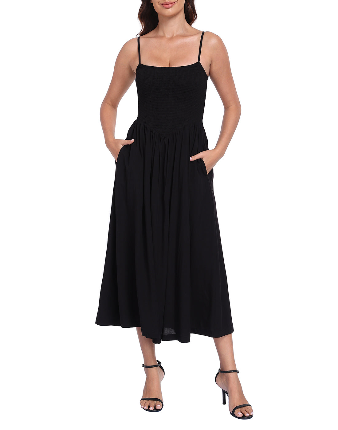 Women's Smocked Midi Summer Dresses with Pockets