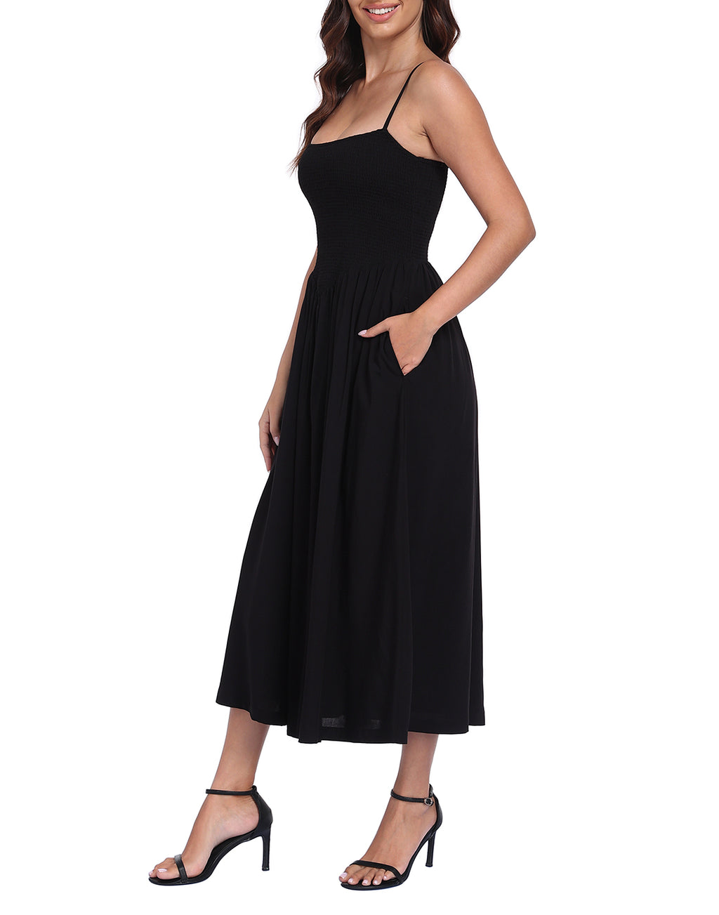 Women's Smocked Midi Summer Dresses with Pockets