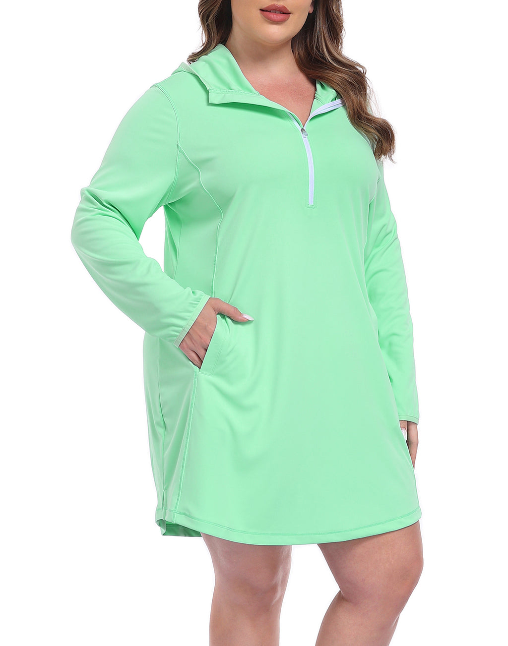 Women's Plus Size Long Sleeve Swim Coverup Dress with Hood