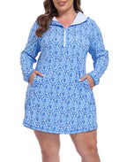 Women's Plus Size Long Sleeve Swim Coverup Dress with Hood