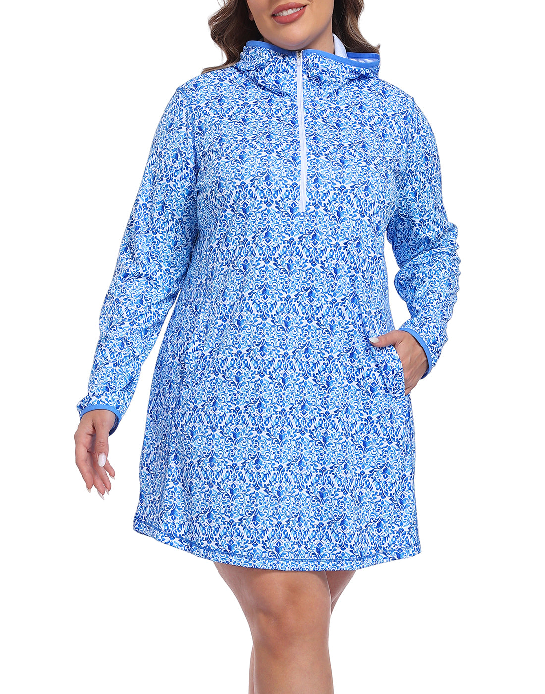 Women's Plus Size Long Sleeve Swim Coverup Dress with Hood
