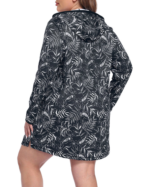 Women's Plus Size Long Sleeve Swim Coverup Dress with Hood