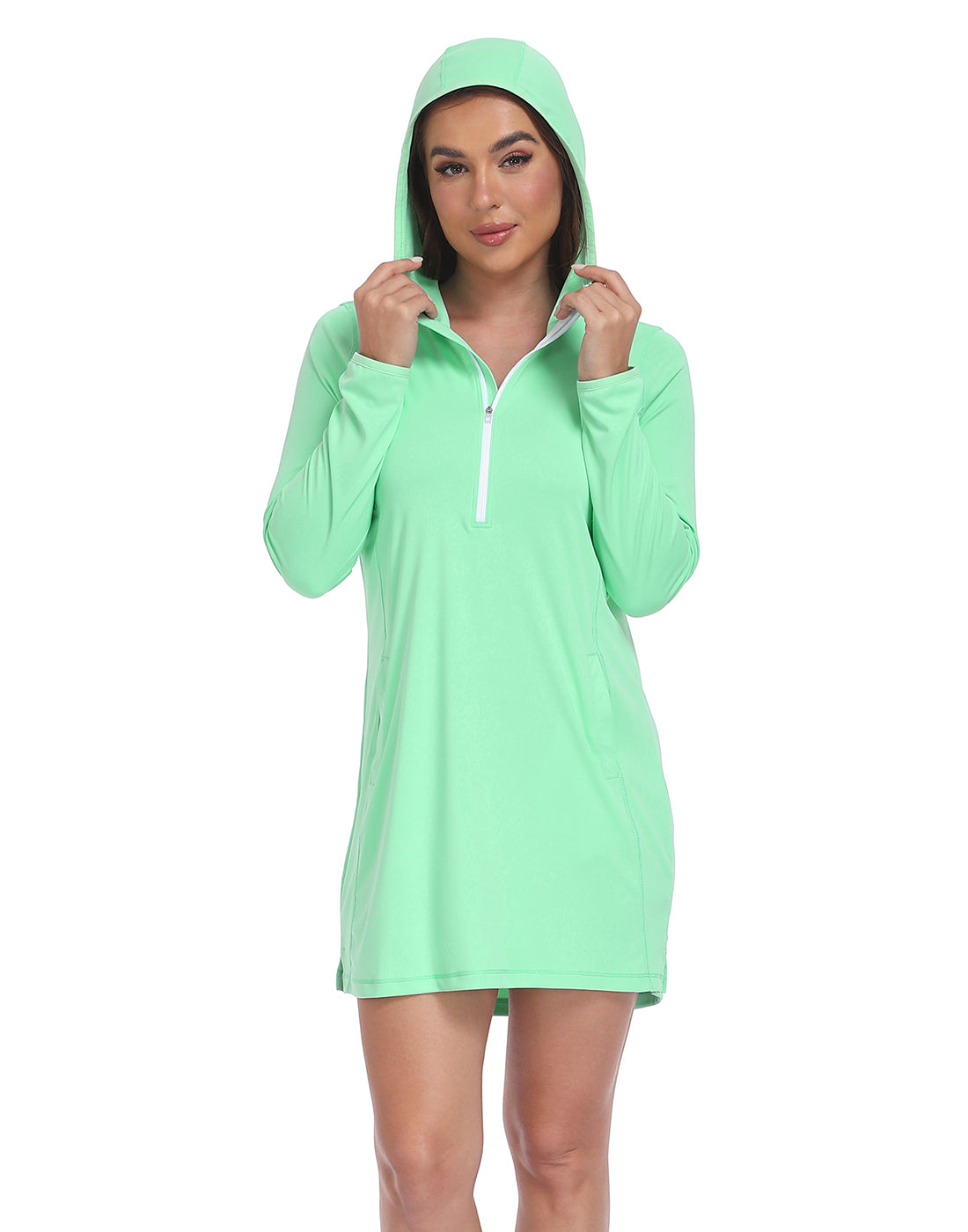 Jelly Mint Beach Coverup Long Sleeve Swim Dress with Hood Secondary image