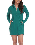 Dark Teal Beach Coverup Long Sleeve Swim Dress with Hood