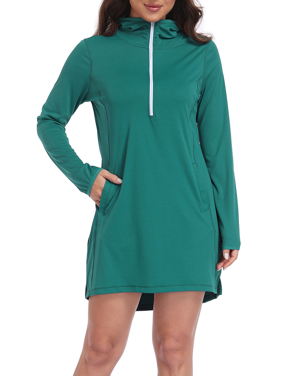 Dark Teal Beach Coverup Long Sleeve Swim Dress with Hood