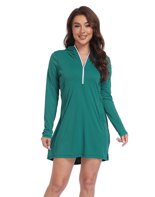 Dark Teal Hooded Swim Coverup Dress – close-up detail