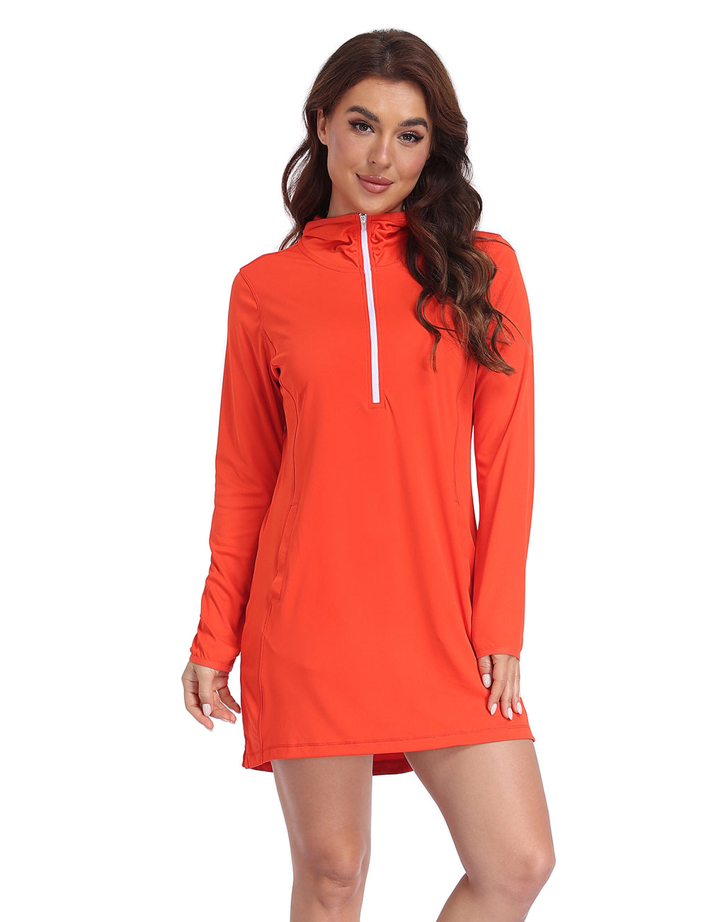 Spicy Orange Beach Coverup Long Sleeve Swim Dress with Hood