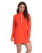 Spicy Orange Beach Coverup Long Sleeve Swim Dress with Hood