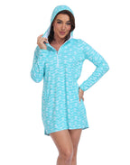 Turquoise Sea Turtles Beach Coverup Long Sleeve Swim Dress with Hood