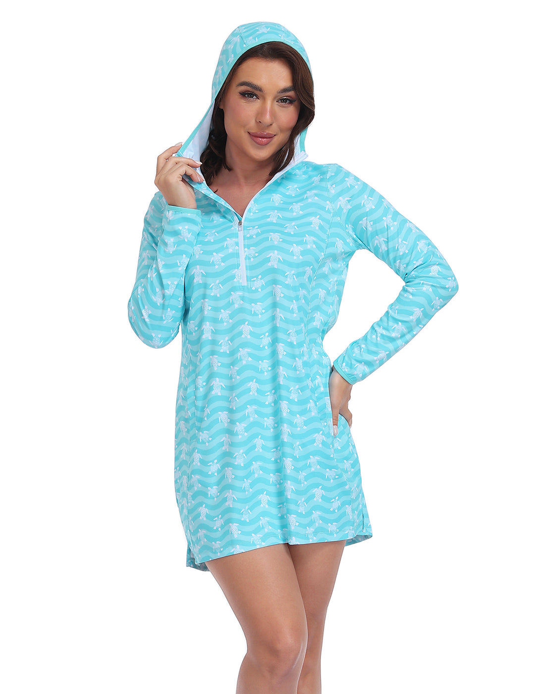 Turquoise Sea Turtles Beach Coverup Long Sleeve Swim Dress with Hood