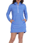 Blue Shell Mosaic Beach Coverup Long Sleeve Swim Dress with Hood