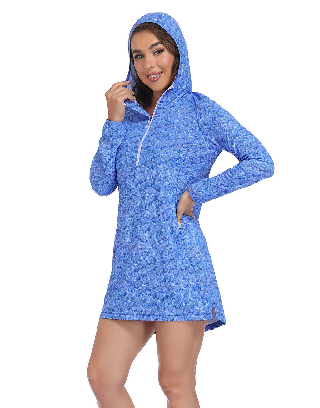 Blue Shell Mosaic Beach Coverup Long Sleeve Swim Dress with Hood
