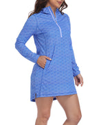 Blue Shell Mosaic Beach Coverup Long Sleeve Swim Dress with Hood