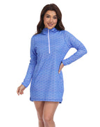 Blue Shell Mosaic Beach Coverup Long Sleeve Swim Dress with Hood