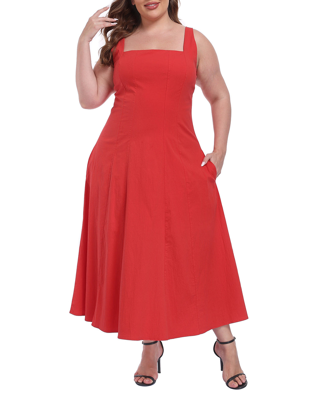 Womens Plus Size Square Neck Midi Dress with Pockets